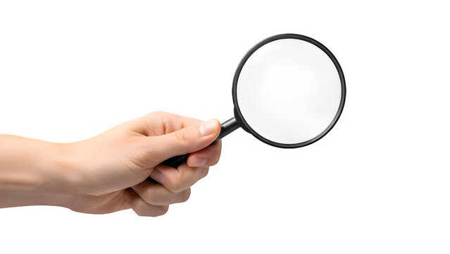 Hand holding magnifying glass for investigation and search isolated on transparent background
