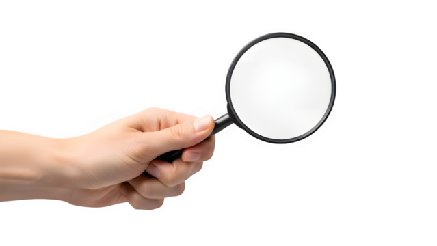 Hand holding magnifying glass for investigation and search isolated on transparent background