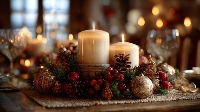holiday table centerpiece with candles and ornaments