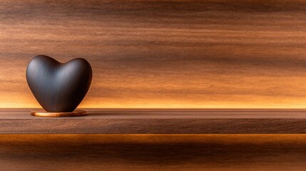 Elegant wooden heart sculpture on a polished shelf with warm ambient lighting creating a cozy atmosphere