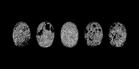 Vector grunge white fingerprint on black background. Detailed fingerprint on grunge background symbolizing identity verification.
