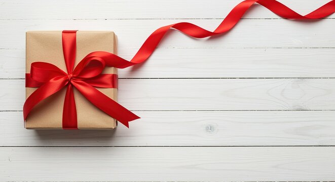 Gift box with red ribbon on white wooden background present brown celebration holiday surprise package tied wrapping festive table