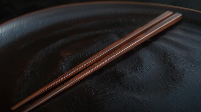 Video A pair of traditional Asian-style chopsticks resting on a black plate, ready for use