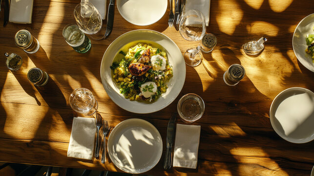 Sunlit wooden table set for a meal with plates glasses and food.