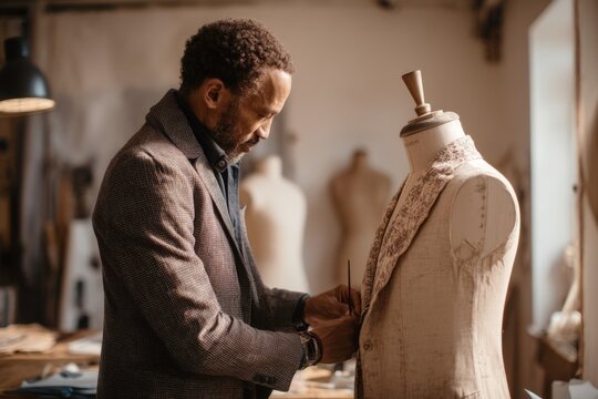 A professional tailor works with great care on a suit jacket, adjusting fabric on a classic mannequin in a bright fashion design studio.