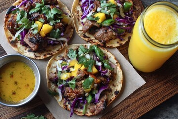 Three delicious street tacos filled with savory meat, fresh mango, and colorful cabbage, served with a vibrant orange drink and dipping sauce.