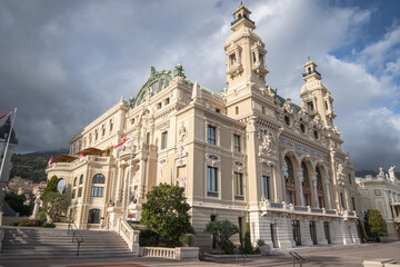 Naklejka premium Monaco Monte Carlo Skyline with Luxury Yachts cars ans casino on the Mediterranean Coast