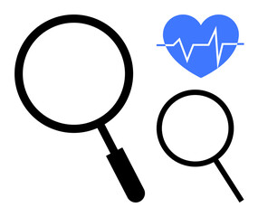 Large and small magnifying glasses beside a blue heart with heartbeat line. Ideal for research, exploration, health monitoring, diagnosis, scrutiny, medical analysis, focused search. Simple flat