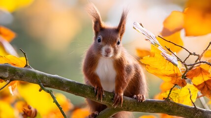 Playful red squirrel portrait autumn leaves vibrant wildlife charming forest scene serene nature photography