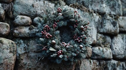 holiday wreath on stone wall covered in frost,