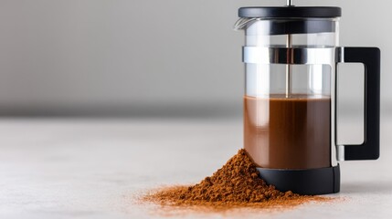 Freshly brewed coffee in a French press with spilled grounds on a light surface, ideal for beverage enthusiasts