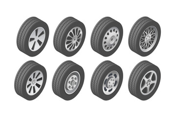 Vector set of rubber tires for cars. Collection of wheels and rims for cars, trucks, and buses. Isometric view. Template isolated on a white background.