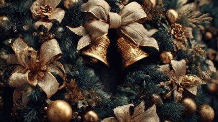 holiday wreath with golden bells and ribbons,