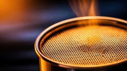 Close-up of a metal mesh filter emitting steam, set against a softly blurred dark background