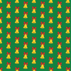 Seamless Christmas Bell Pattern: Single Golden Bells with Red Bows on a Festive, Vibrant Green Background, Holiday Wrapping Paper and Textile Design.