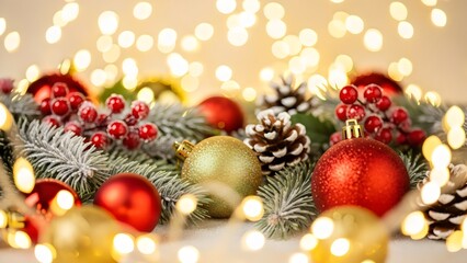 Festive Christmas background with holiday ornaments, frosted fir branches, red berries, pinecones, and warm bokeh lights, perfect for seasonal greetings and winter celebrations.