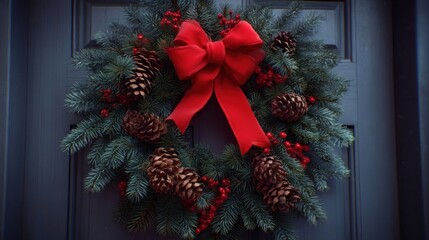 holiday wreath with red bow and pinecones