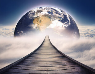 Path  Toward Earth and Horizon Surrounded by Clouds