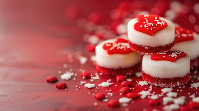 Red and white heart-shaped cookies with decorative icing and sprinkles on a red background. Ideal for Valentine's Day celebrations. copy space, free space for text