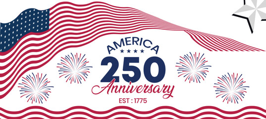 USA 250 Anniversary Wave Lines Banner – Creative Red White Blue Flag Flow Design with Fireworks, Patriotic Modern 2026 Event Template