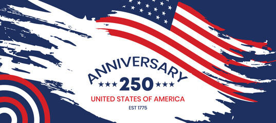 America 250 Anniversary Wave Flag Banner – Dynamic Red White Blue Ribbon Design, Patriotic Celebration Template for 2026