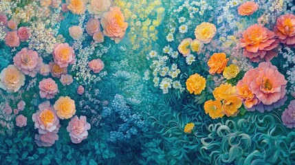 A vertical garden overflowing with pastel marigolds and curly mint-hued foliage