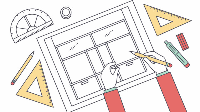 “Carpenter blueprint drawing — hands sketching furniture design — technical vector illustration.”