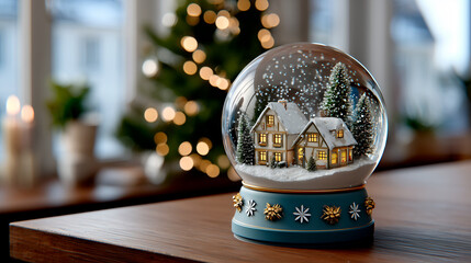 Snow globe featuring winter village scene with falling snow