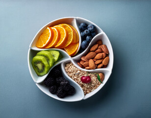  Nutritious Fruit Bowls with nuts, Seeds, and dried and Fresh fruit Ingredients and snack food