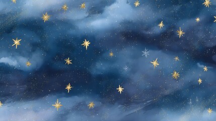 Fototapeta premium Winter night watercolor illustration evokes cozy Christmas magic with twinkling golden stars softly glowing