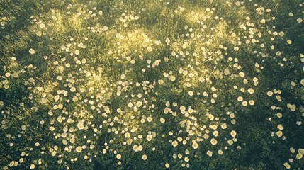 A whimsical aerial view of an expansive field blanketed with pastel buttercups