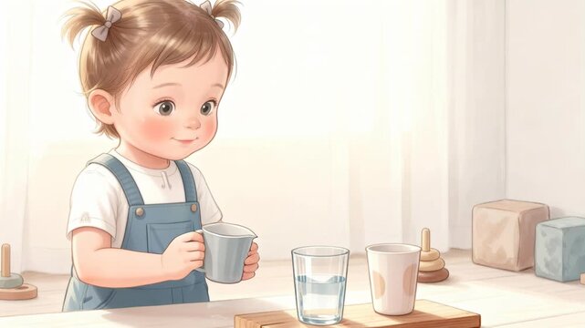 young child in overalls pours water onto another at kitchen countertop, creating calm, contented scene with warm light, Caucasian boy, girl, cozy lifestyle, simple moments, family connection
