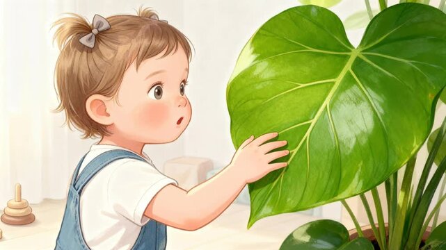 young Caucasian child in white shirt and blue overalls reaches for green plant, displaying curiosity and wonder in softly lit indoor space, evoking gentle discovery, joyful exploration