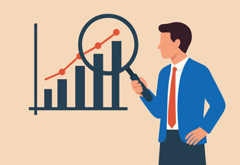 Obraz premium Business analysis, calculate or research for market growth, financial report, investment data or sale information concept, smart businessman analyst holding magnifying glass analyze graph and chart.