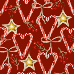 Christmas candy canes and star ornaments on red background, hand drawn seamless pattern.
