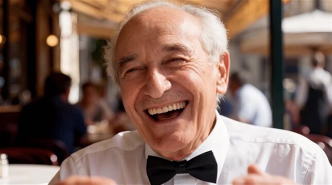 Anciano riendo en café soleado