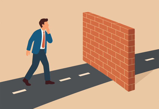 Business barrier, obstacle or difficulty, road block or career struggle, trouble or problem to be solved, prohibited or dead end concept, confused businessman walk on the road to brick wall barrier.