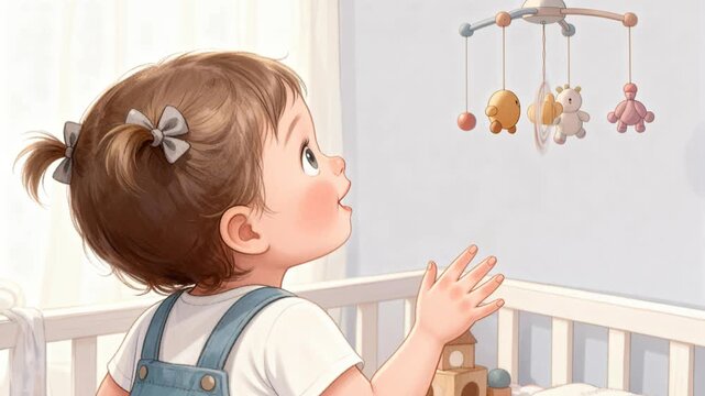 young Caucasian child reaches for colorful mobile with plush bears, dogs, and unicorns hanging in crib, conveying curiosity and wonder, cozy lifestyle, innocence, childhood play