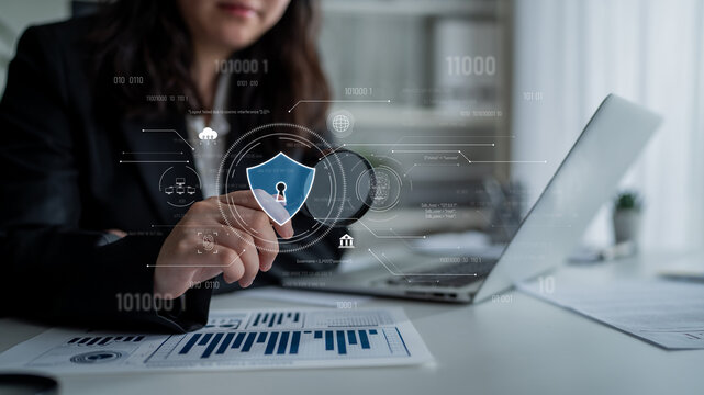 Cyber security interface with biometric and AI-powered protection system. Cyber security secures access, cybersecurity protects identity, cybersecurity detects threats, and defends data. Latch