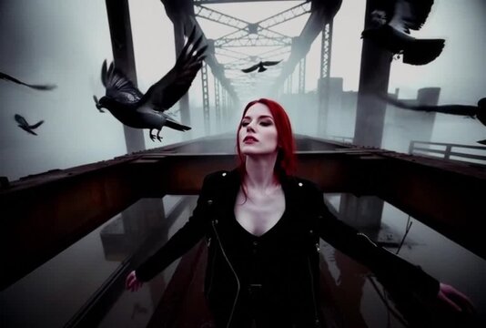 A red haired woman in a black jacket stands in a bridge opening as birds wheel around her, arms spread in low moody light, tight central composition, industrial fog