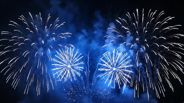 Fireworks display erupting in the night sky with blue and white explosions