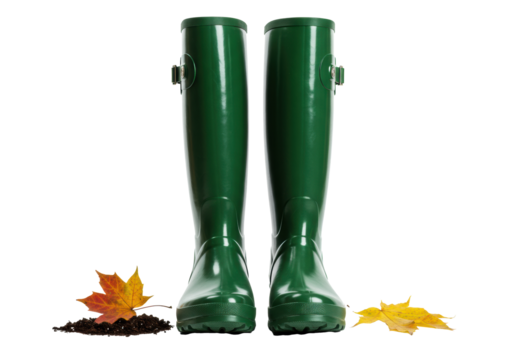 Pristine, knee-high forest green wellies, shiny rubber, studio lit with sharp catchlights, isolated on brilliant white background with subtle autumn leaf and soil. Concept for durable utility footwear