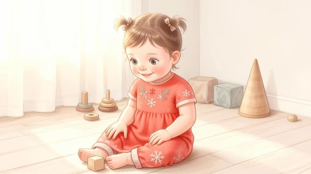 young girl in red snowflake outfit smiles broadly, sitting on floor with wooden toys in warmly lit room, conveying joy and contentment, joyful child moment, cozy winter scene, childhood happiness
