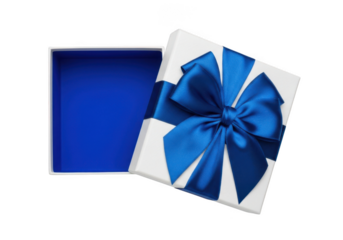 Open white gift box with vibrant blue satin ribbon and bow, isolated on transparent background