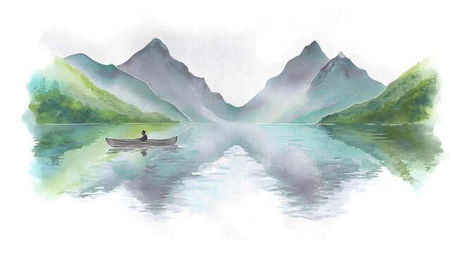 Serene mountain lake reflection tranquil landscape peaceful canoe drifting watercolor illustration art