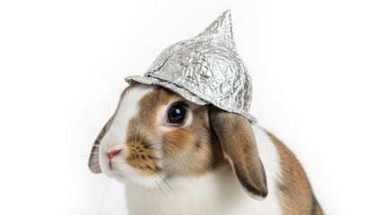 rabbit wearing a tinfoil hat, paranoid, paranoia, on a white background, animal photo