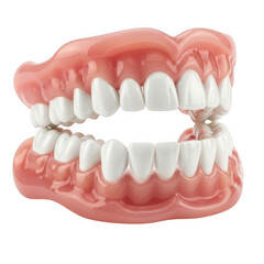 Obraz premium Realistic dental prosthetic denture set showing upper and lower arches with white teeth isolated on transparent background