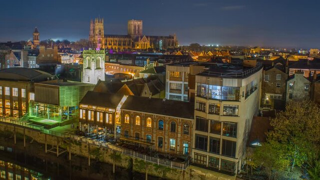 Nighttime Skyline timelapse of UK historic city of York with illuminated Minster and Buildings