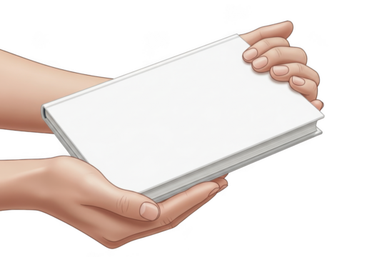 Pair of hands holding a blank white hardcover book with empty cover, isolated on transparent background for mockup or design template