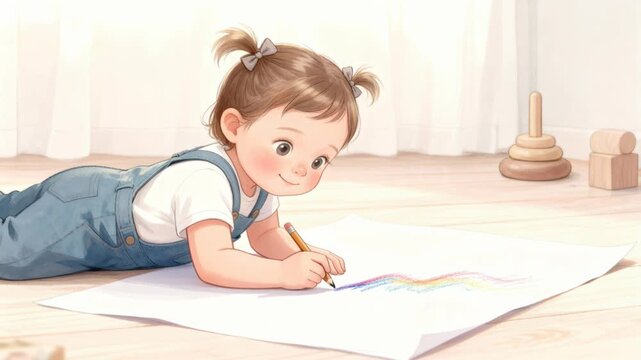 young boy with short brown hair draws on floor in serene indoor space with wooden blocks and toy structure, evoking calm, playful atmosphere., childhood creativity, imaginative play